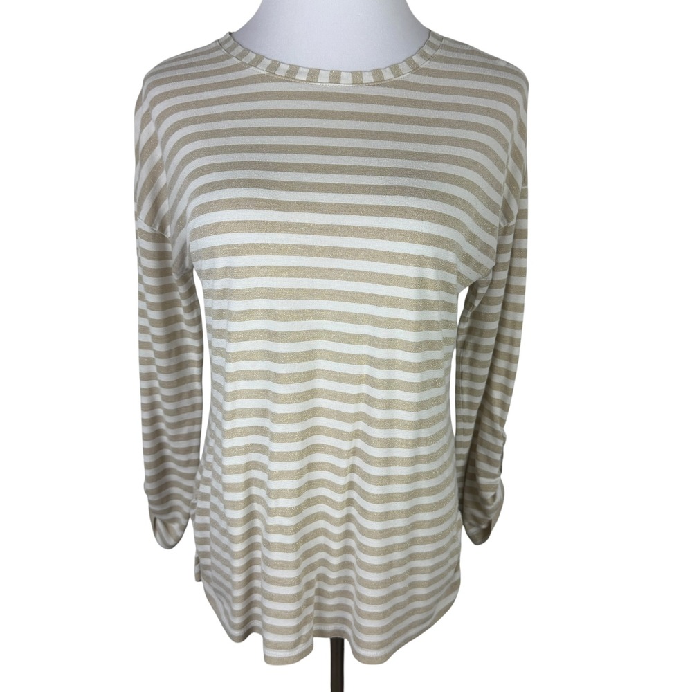 Faded Glory Women's Medium Metallic Gold White Striped Roll Tab Sleeve Top